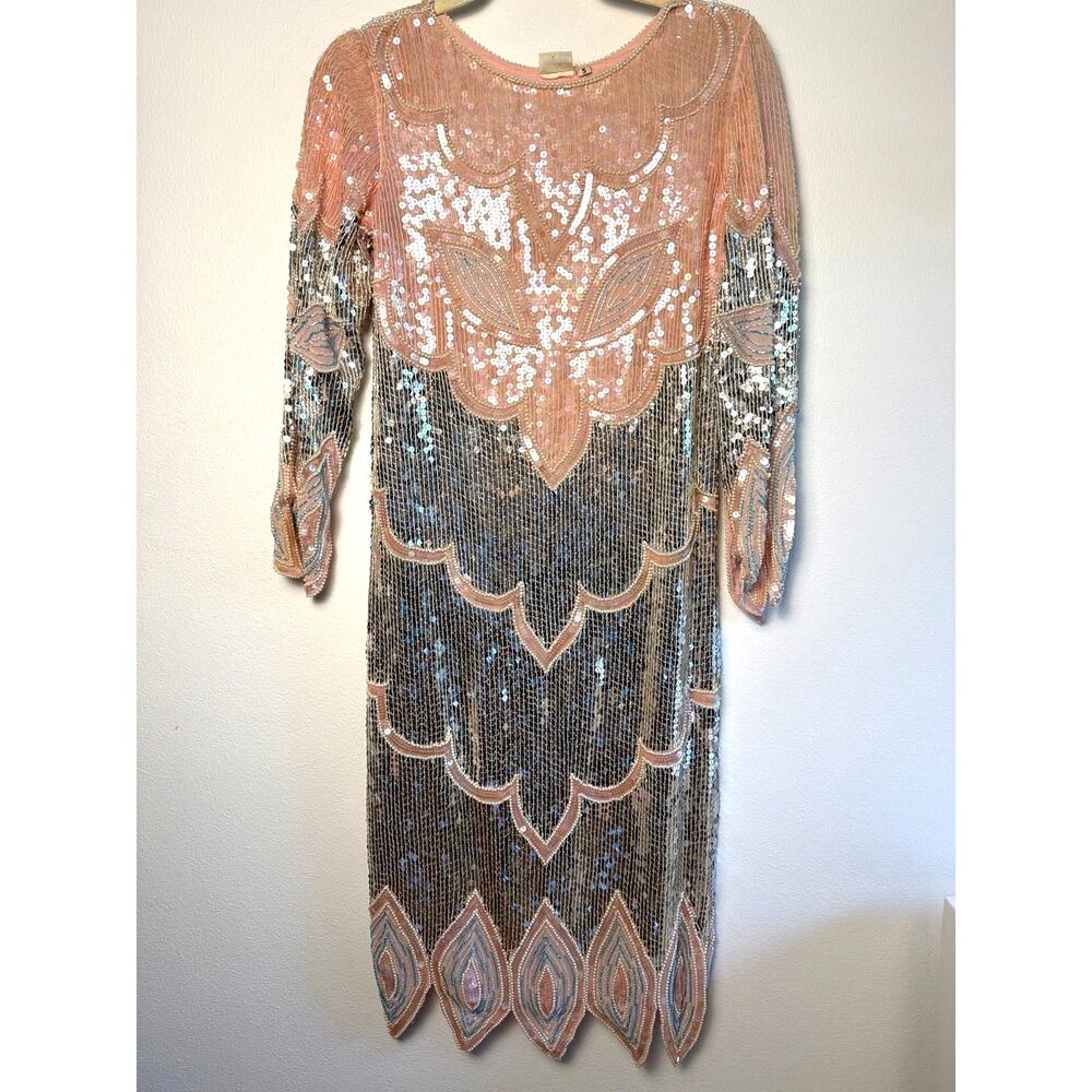 Vtg Silk Sequins & Beaded Gatsby-Inspo Dress Scalloped Pearl Hem Pink/Silver | S